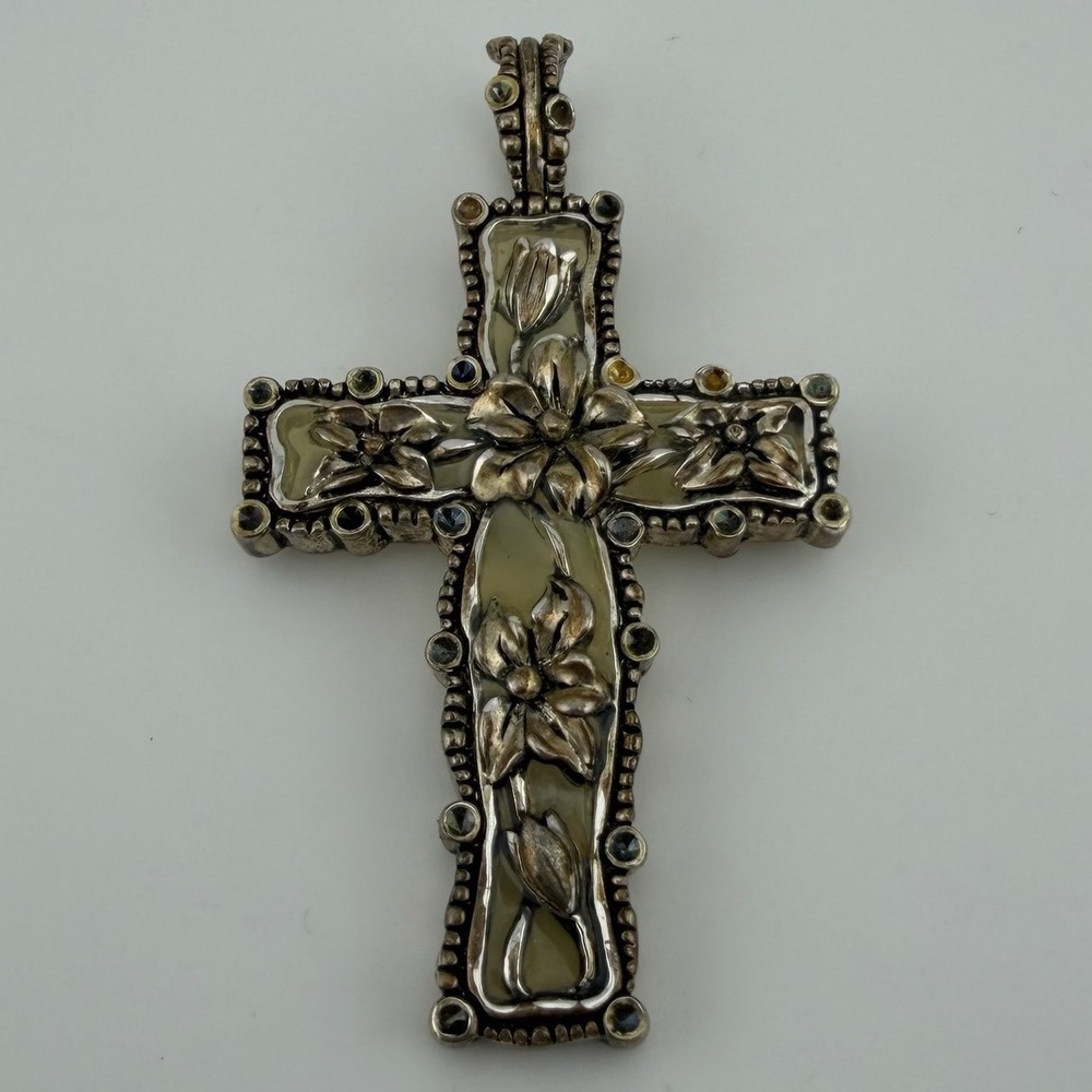Vintage Floral Mother of Pearl Cross Pendant Silver Tone Multi Color Crystal